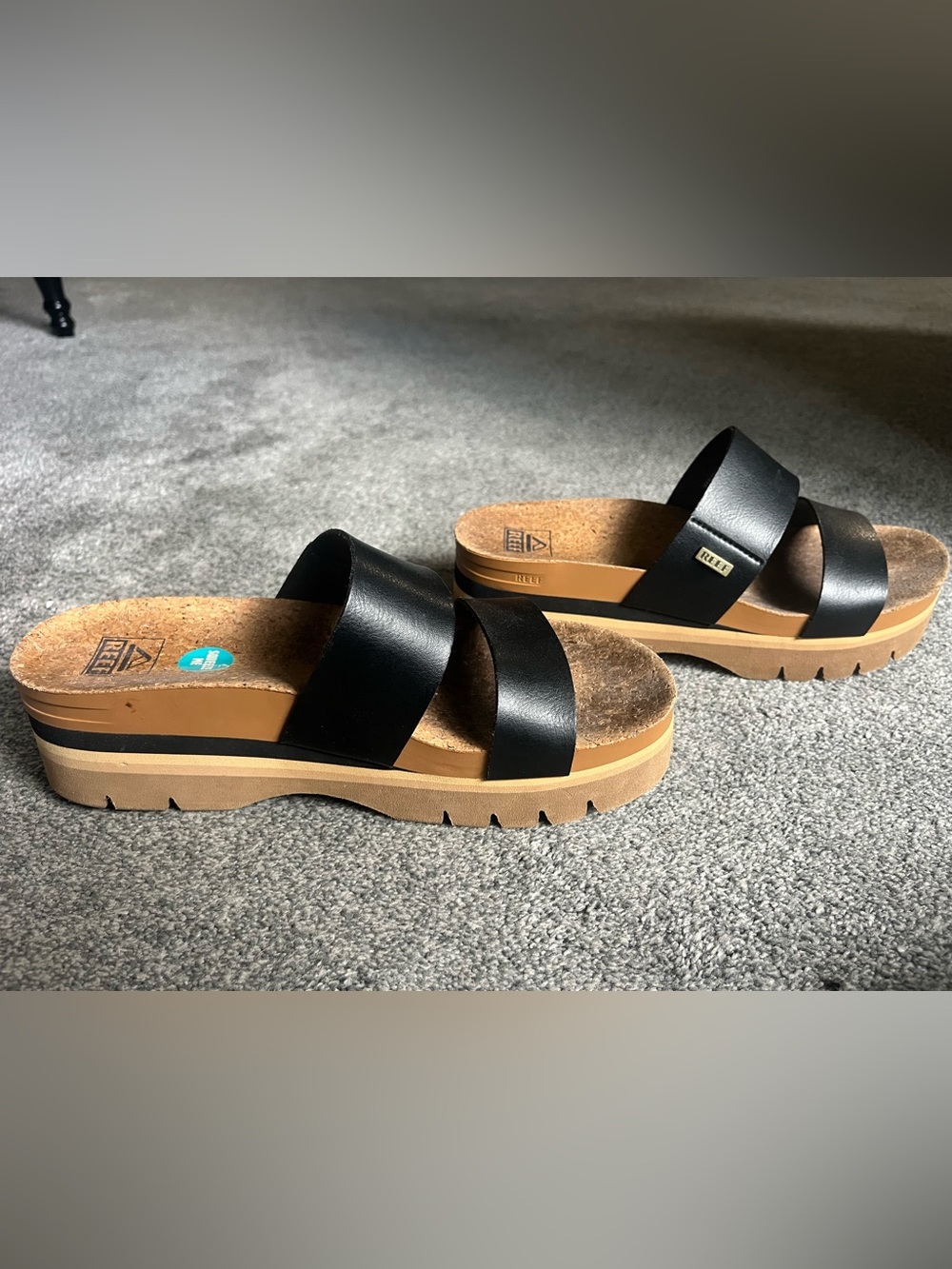 Reef Black Platform Slide Sandals with Cork Footbed